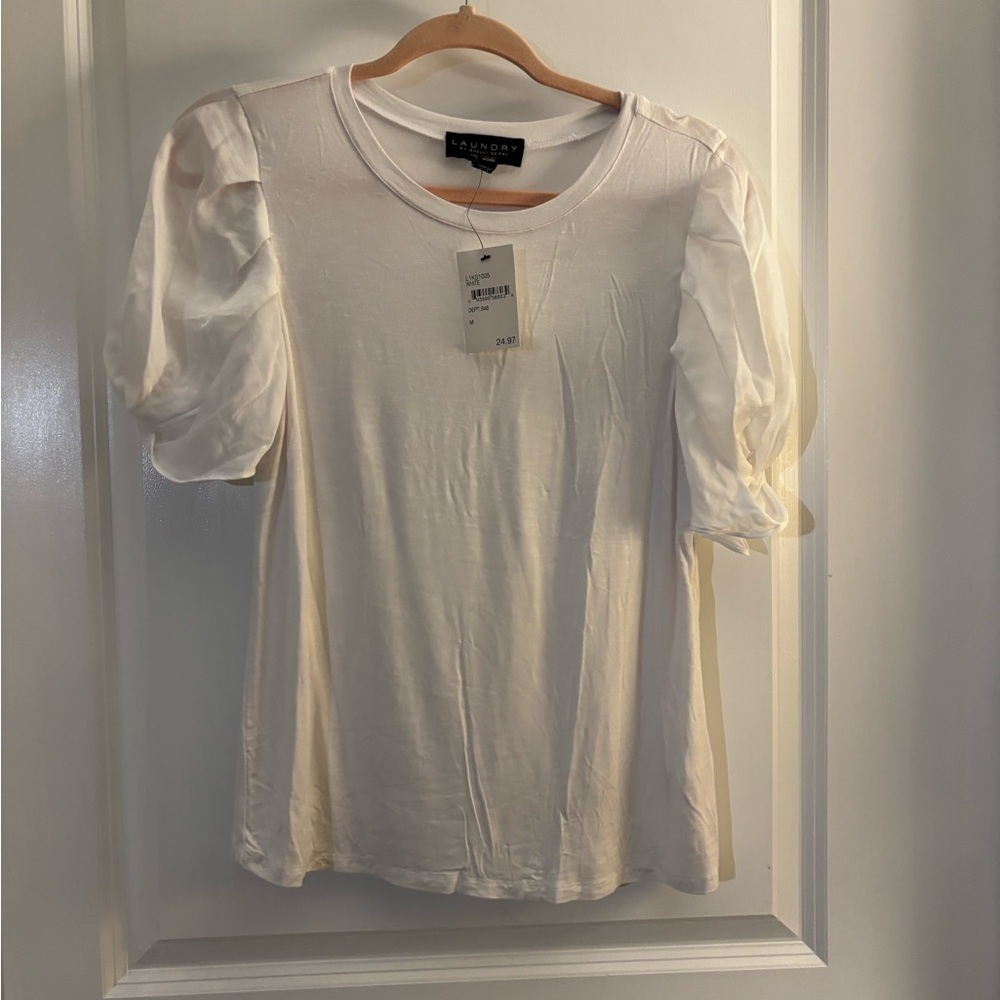 Laundry by Shelli Segal White Puff Sleeve Tee Sz Med NWT